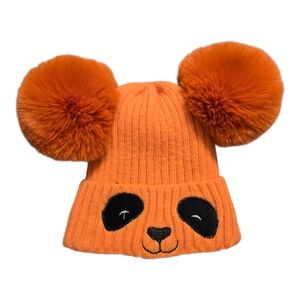 Orange Panda Knit Hat with Pom Poms